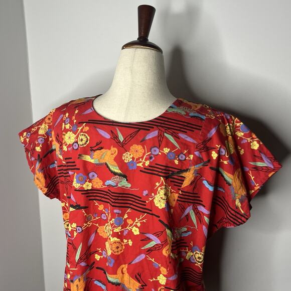 Vintage Handmade Womens Top Red Art to Wear Boxy Cotton Chinois Print Size M/L - Picture 5 of 6